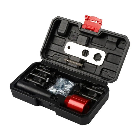 Professional Rivet Nut Drill Adapter Kit Featuring Complete M3 M4 M5 M6 M8 Metric Mandrels And Thread Insert Nuts in black carrying case.