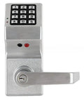 Satin Chrome Trilogy Cylindrical Privacy Lock With Standard Key Bypass And Digital Keypad For Offices shown from the front with keypad and handle.