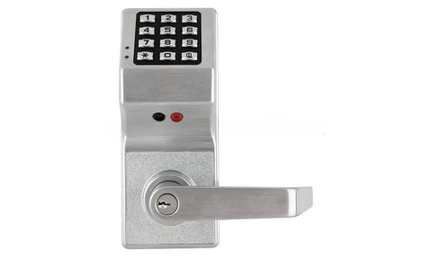 Satin Chrome Trilogy Cylindrical Privacy Lock With Standard Key Bypass And Digital Keypad For Offices shown from the front with keypad and handle.