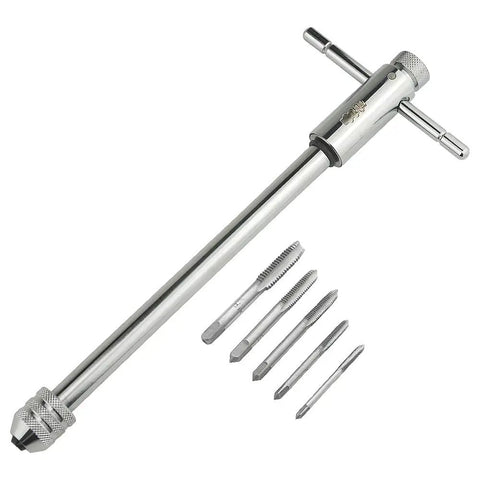 Adjustable Ratchet Tap Wrench Kit 248mm T Handle Holder Reversible Bothway Tool With 5 Titanium Coated Taps M3 M4 M5 M6 M8