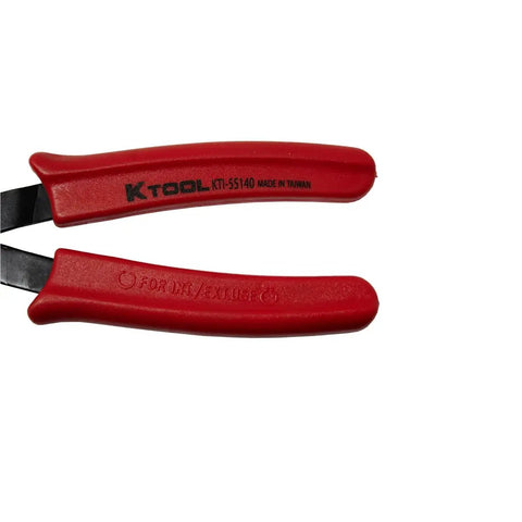 Close-up of Heavy Duty Snap Ring Pliers For Internal And External Rings With 90 Degree Tip 0.037 Inch Rubber Dipped Grips Built For No Fuss Quick Ring Removal And Smooth Installation Across A Wide Range Of Applications showing red rubber grips with branding and text 'FORGED / EXCLUSIVE'.