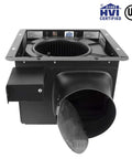 Ultra Quiet 140 CFM Bathroom Exhaust Fan With 1.0 Sone Operation 6 Inch Duct For Rooms Up To 140 Sq Ft Stainless Steel Energy Saving Ventilation UL Listed No Attic Access HVI 2100 Certified, front view of fan mechanism.