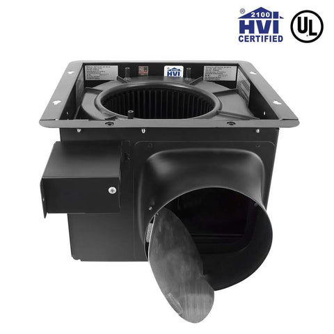 Ultra Quiet 140 CFM Bathroom Exhaust Fan With 1.0 Sone Operation 6 Inch Duct For Rooms Up To 140 Sq Ft Stainless Steel Energy Saving Ventilation UL Listed No Attic Access HVI 2100 Certified, front view of fan mechanism.