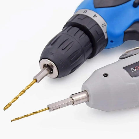 Close-up of two drills with All Purpose 13 Piece Drill Bit Set With 135 Degree Titanium Coated High Speed Steel Bits