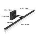 32 Inch Matte Black Bathroom Vanity Light With 18W Adjustable LED Fixture, dimensions labeled, side view with rotatable tubes.