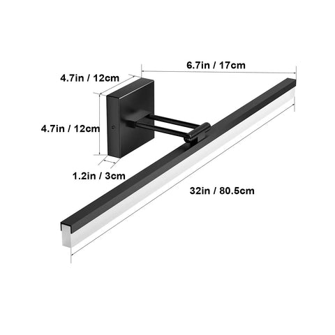 32 Inch Matte Black Bathroom Vanity Light With 18W Adjustable LED Fixture, dimensions labeled, side view with rotatable tubes.