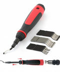 Super Easy Reach Extension Deburring Tool With 16 HSS Swivel Blades For Deep Pipe And Hard-To-Get-To Edges, Smooth Finish, Professional Grade Steel Construction, Perfect For Plumbing And Fabrication Projects, showcasing comfortable grip handle and various blades.