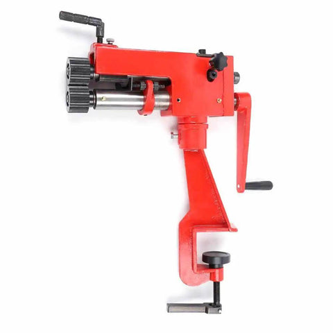 Alt Tag: Red 7 Inch Professional Sheet Metal Bead Roller Machine with Gear Drive, mounted for beading and crimping in home shop.