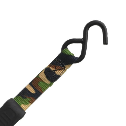 Lock Down Your Gear Tough As Nails Camouflage Ratchet Tie Down Straps One Inch By Eight Feet 1500 Lb Breaking Strength Heavy Duty S Hooks with black hook.