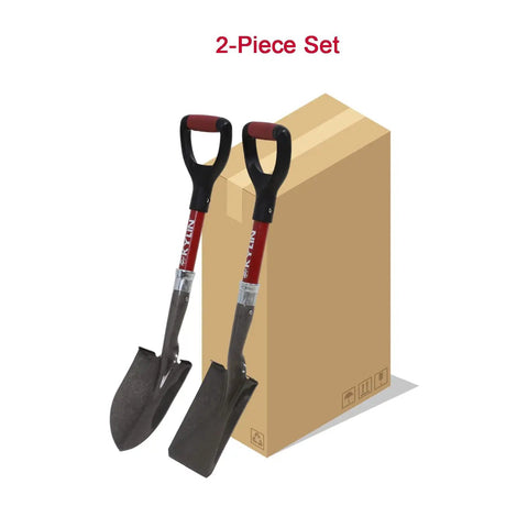 Two Piece Mini Garden Shovel Set With Fiberglass Short Handles, 14 Gauge Steel Blades, D Grip, Rust Resistant Finish beside box.