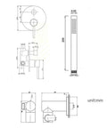 Line drawings of UMJIGF Shower System Polished Chrome Brass Luxury Mixer Shower Faucet Set with dimensions.