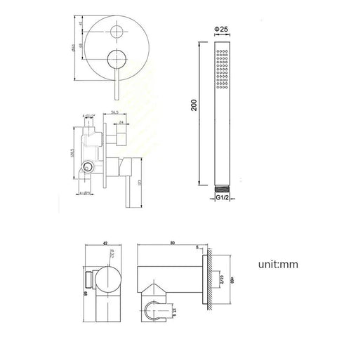 Line drawings of UMJIGF Shower System Polished Chrome Brass Luxury Mixer Shower Faucet Set with dimensions.
