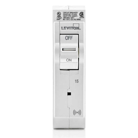 Front view of 15 Amp 1 Pole Smart Circuit Breaker Plug On Hydraulic Magnetic 120 Volt White LB115S with switch details