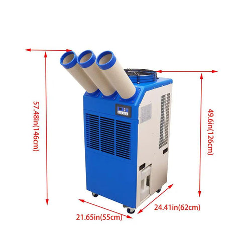 Heavy Duty Portable Air Conditioner With Large Water Tank, Bad Boy Commercial Spot Cooler showing dimensions and design features.