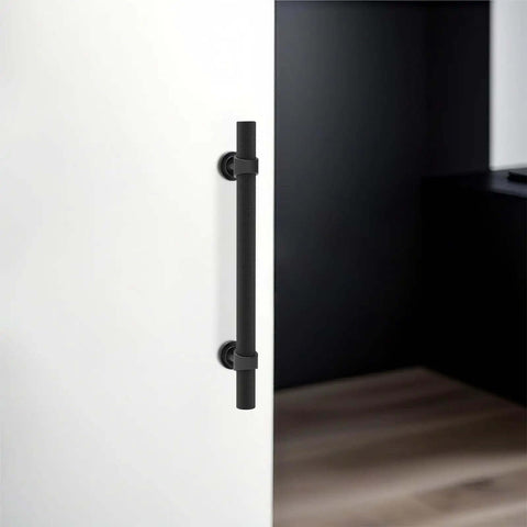 Dope Matte Black 10 Pack Cabinet Handles Five Inch Long Pulls For Kitchen Cupboards And Closet Drawers Heavy Duty Aluminum Zinc Alloy Hardware, mounted on white cabinet door