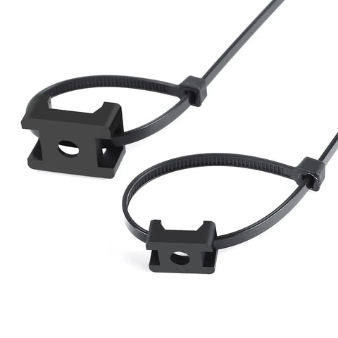 All in One Saddle Type Cable Tie Mount Base Kit With 100 Mount Bases, 100 Eight Inch Zip Ties, And 100 Tapping Screws For Indoor Outdoor Use Nylon RoHS Compliant Cable Clip Organizers showing close-up of zip ties with saddle-type bases.