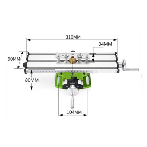 Durable Metal Bench Drill Vise With X And Y Coordinate Adjustment top view showing dimensions, solid construction for woodworking projects.