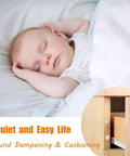 Baby sleeping peacefully with inset image showing cabinet with self adhesive noise dampening bumper pads 272 pcs in five sizes