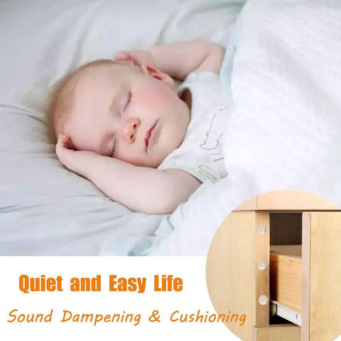 Baby sleeping peacefully with inset image showing cabinet with self adhesive noise dampening bumper pads 272 pcs in five sizes