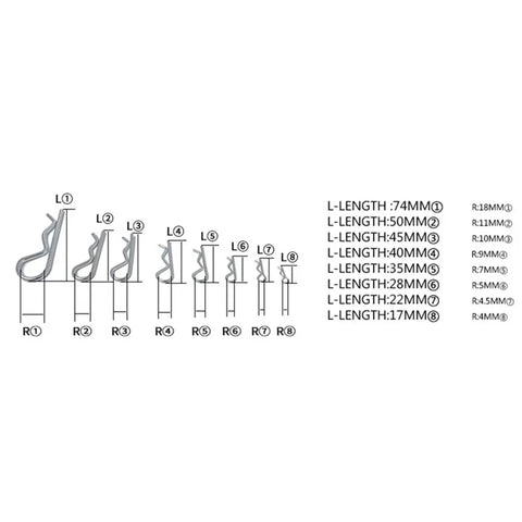 Sizes of cotter pins in the Cotter Pin Assortment Kit Six Box Set With Stainless Steel R Type Wave Latch Pins for quick fixes.
