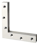Heavy Duty Stainless Steel L Shaped Corner Brackets, Rock Solid 90 Degree Furniture Repair Plates, visible angled joint with predrilled holes.