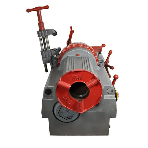 Pro Grade 110V Electric Pipe Threading Machine 750W Motor front view showcasing red and gray design for plumbing use.