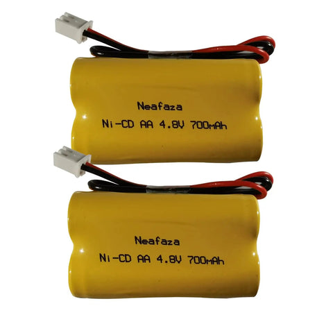 Two yellow 4.8V 700mAh Ni-Cd battery packs compatible with Emergi-Lite MAG93NC487 and Exit Light Co BAA-48R, showing connectors.