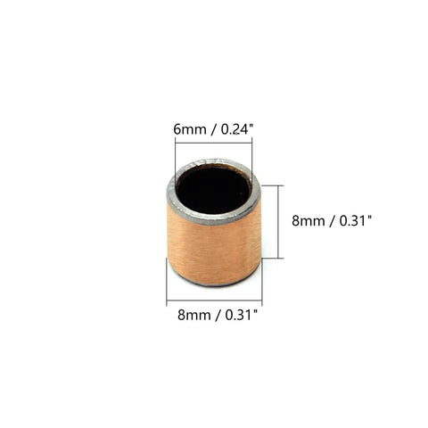 Close-up of Ten Pack Heavy Duty Oilless Bushing Sleeve Bearings, 6mm bore, 8mm OD, bronze layer for easy installation.