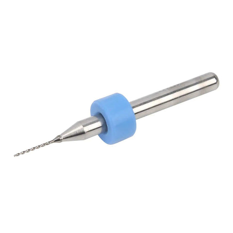 Close-up of a single tungsten carbide micro drill bit with 0.5mm tip and blue collar for Ten Piece Tungsten Carbide Micro Drill Bits 0.5mm For 3D Printer Nozzle Cleaning And PCB Drilling, Pro Grade Built Tough Ultra Sharp Edges, High Hardness, Low Breakage, Precision Tool Set For Electronics And CNC Work.