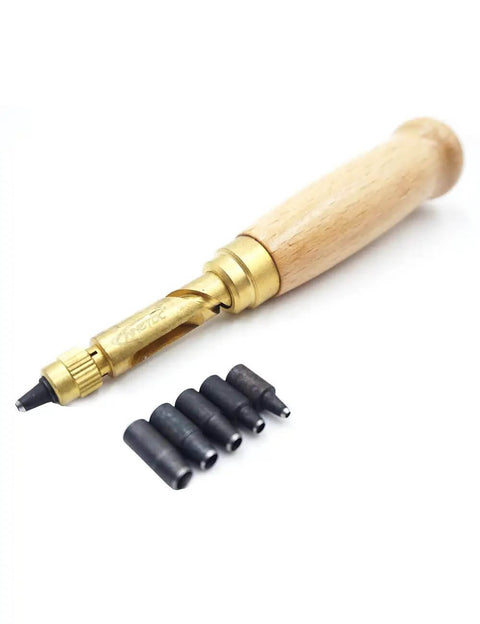 Adjustable Hole Punch For Bookbinding And Crafts With Six Punch Sizes 1.5mm To 4mm Wood Handle Steel Brass Construction No Hammer Needed