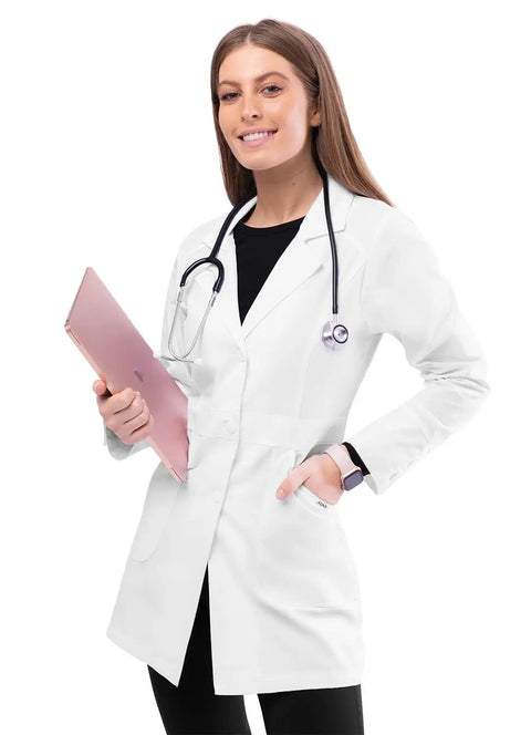Woman in Women's Lab Coat 32 Inch Length White With Classic Fit And All Day Comfort Pockets, holding a tablet and stethoscope