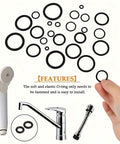 Rubber O-ring assortment kit, 225 pieces in 20 sizes for plumbing and seals, front view with rings and faucet.