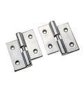 Angled front view of pair of 304 stainless steel heavy-duty hinges with two-hole mounting plates
