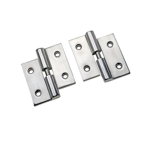 Angled front view of pair of 304 stainless steel heavy-duty hinges with two-hole mounting plates