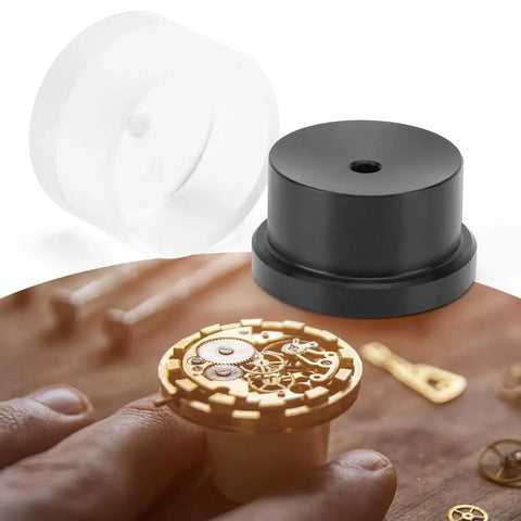 Pro Grade Mainspring Barrel Close Tool for Watch Repair in use with visible watch mechanism parts