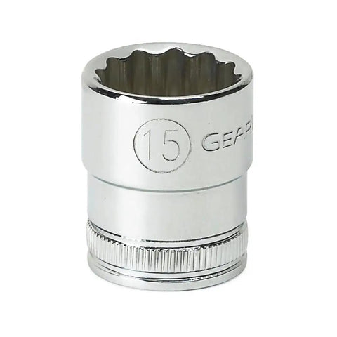 15mm socket from 57 Piece Three Eighth Inch Drive Mechanics Tool Set With Standard And Deep Sockets SAE And Metric