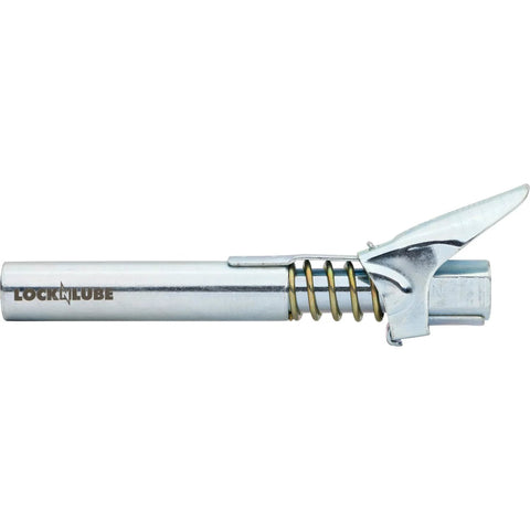 LockNLube grease gun coupler XL, chrome metal body with spring and lever, universal fit