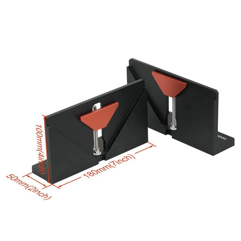 Dope Spline Jig For Table Saw And Router Table Build Stronger Miter Joints And Add A Design Accent With Splines Perfect For Picture Frames Small Boxes And Other Joinery Projects. Black aluminum CNC spline jig with red accents and measurements.
