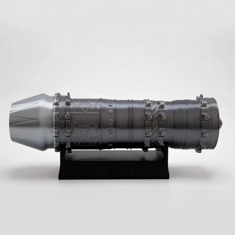 WS-15 Turbofan Jet Engine Model Kit In One Eighteenth Scale Dope Fully Functional Turbofan Mechanism With Transparent Shell Over Fifty Pieces 3D Printed Engine Model Gift For Hobbyists Gearheads And Aviation Enthusiasts. side view on stand