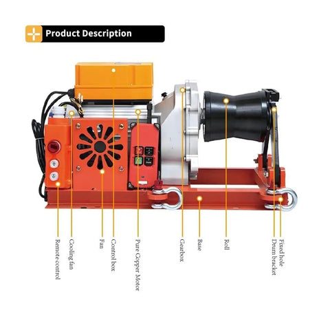 Compact Portable Electric Winch Puller Machine For Small Garden Maintenance And Light Lifting Tasks With Robust 2 Ton Capacity and Easy Setup Design, side view showing parts.