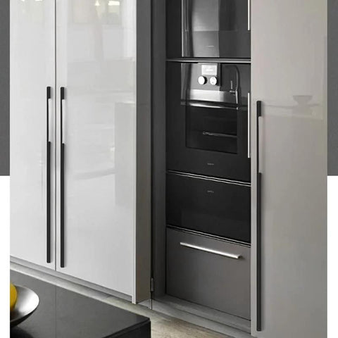 Modern kitchen with Five Pack Solid Black Long Cabinet Handles Five Point Eight Three Inch Drawer Pulls For Kitchen Cabinets Dressers And Furniture Renovation Easy To Install Durable Modern Premium Hardware installed on white cabinets.