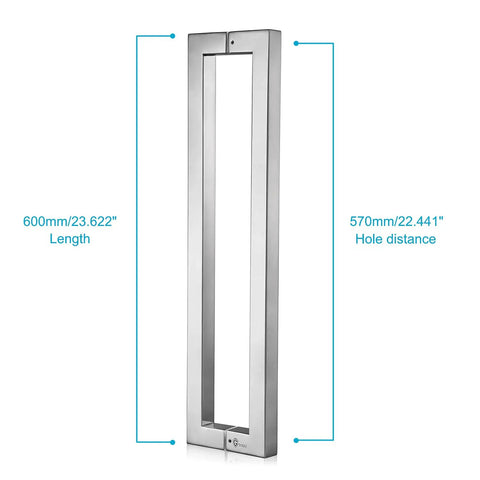 Heavy Duty 600mm Stainless Steel Push Pull Door Handle, 304 Grade Solid 1.2mm Thick, Square Or Rectangle Shape, Mirror Chrome Finish, Commercial Grade Build With Deep 4.6mm Engagement, Mounting Standoffs And Hex Socket Screws