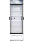 Top Tier Reach In Glass Door Chromatography Refrigerator With Twenty Five Cubic Foot Capacity Built Different For Hospital And Pharma Labs Featuring Four Shelves Self Closing Double Pane External Ports Cabinet Outlet NSF Certified Solid Reliable Cool Unit image showing front view of refrigerator with transparent glass door and shelves.