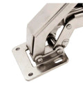 Close-up of rotating concealed cabinet hinges 180 degree frameless hydraulic soft close door fittings, stainless steel, modern design