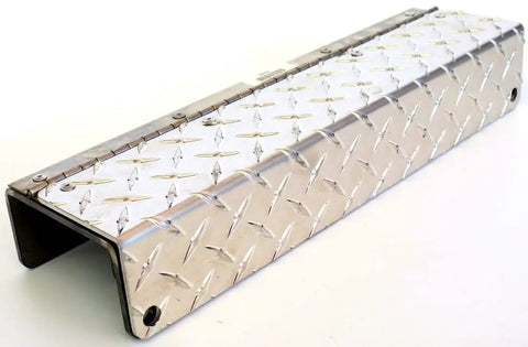 Heavy Duty 17 Inch Cab Rack With Lockable Chain Caddy And Load Binder Holder For Truck Bulkheads, aluminum diamond plate surface.