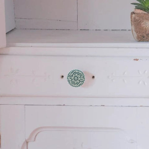 Six Piece Antique Ceramic Cabinet Knobs Set With Floral Pattern For Kitchen Cabinets Wardrobes Dressers Cupboards In Sky Blue With Retro Vibe For Any Space installed on white dresser