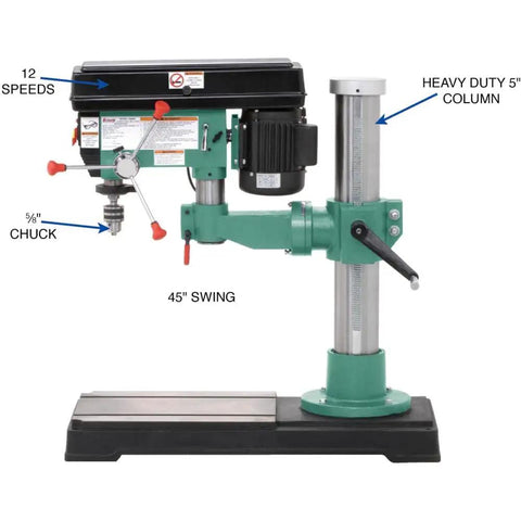Beefy 45 Inch Swing Radial Drill Press With 1 HP Motor 110 Volt And 220 Volt Single Phase Prewired MT3 Spindle Chuck tool