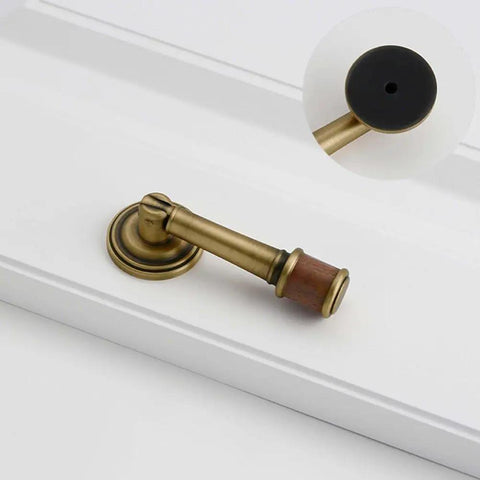 Vintage Door Handle For Cabinets And Drawers with brass and walnut, easy install, shown with round base on white surface