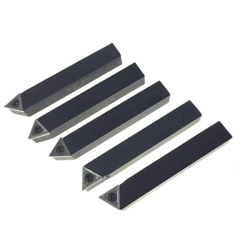 Five inserts of 3/8 inch mini lathe indexable carbide tool bit set with TCMT110204 styles on white background