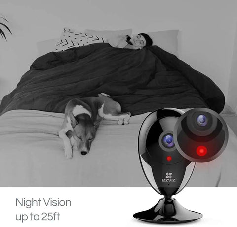 1080p Indoor Security Camera With Night Vision And Motion Alerts, 135 Degree Wide Angle, shown in a bedroom with a pet and elder.